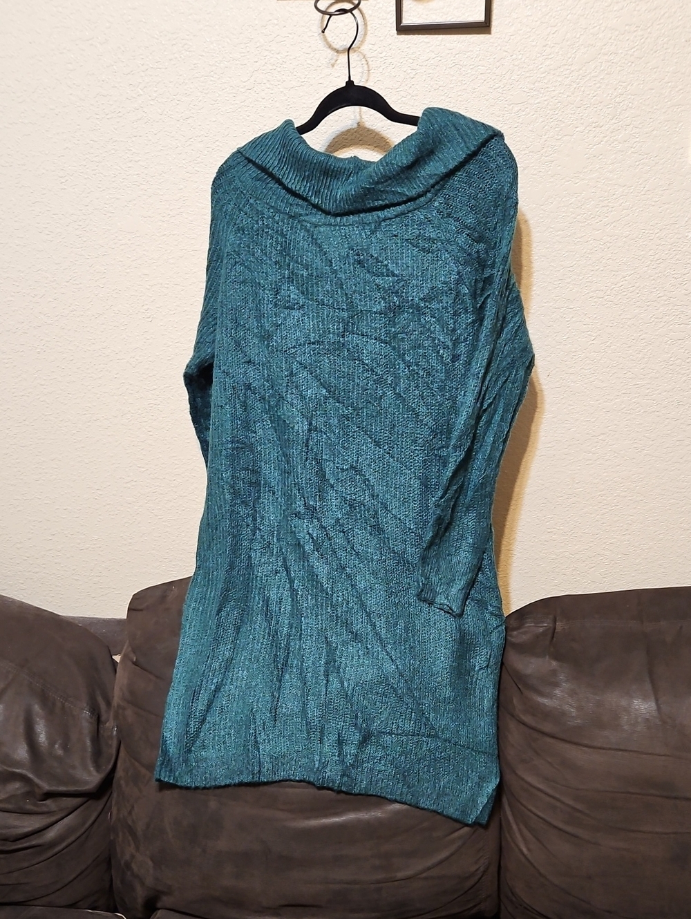 Cozy Teal Cowl-Neck Long Sleeve Dress
